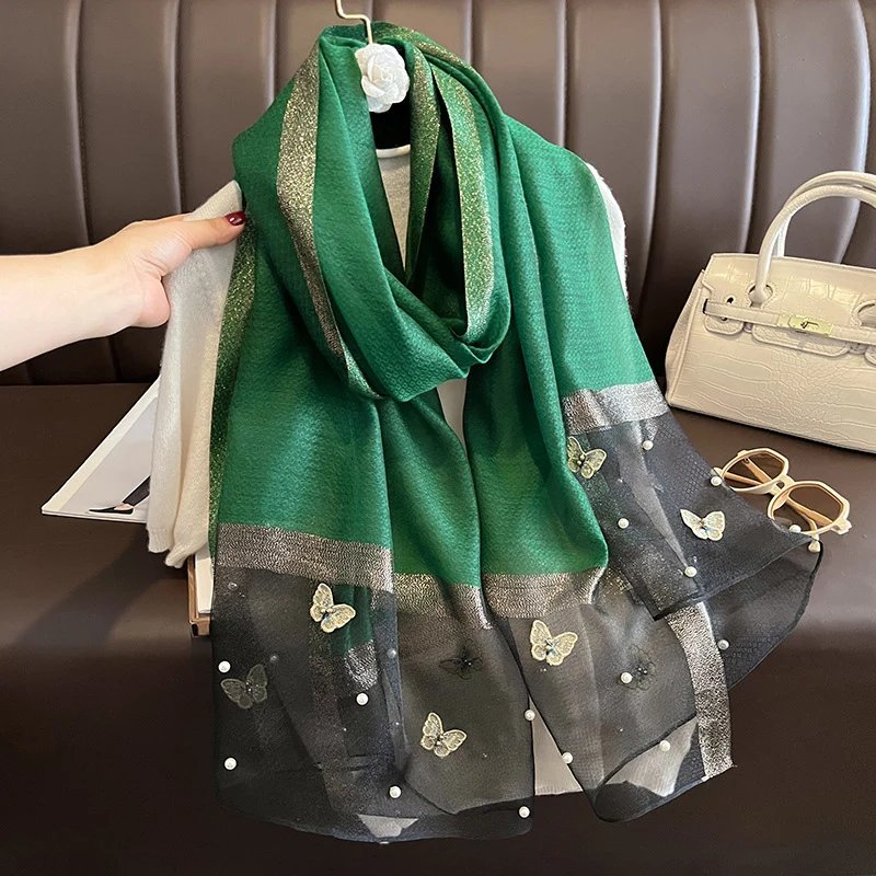 2023 Luxury Silk Shawl Scarf for Women Design Embroidery Flowers Hijab Wraps Bufandas Female Headkerchief Fouloud Echarpe
