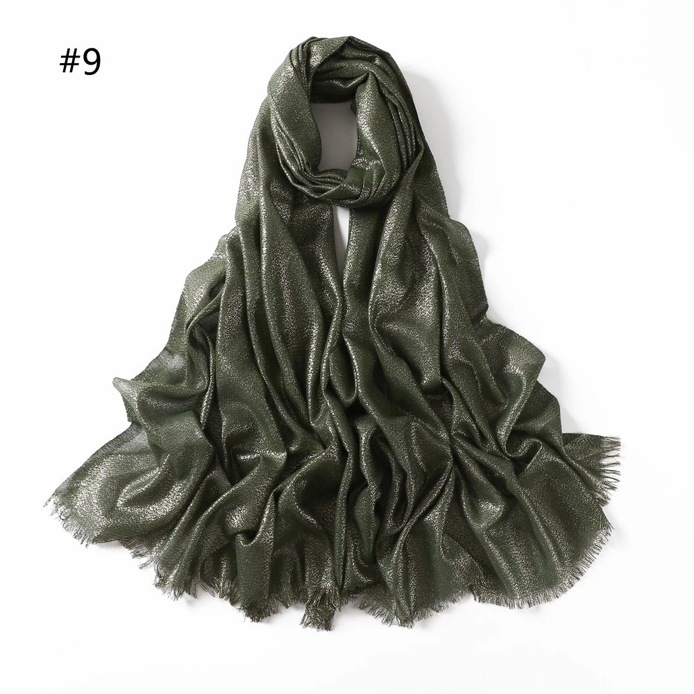 Lastest Brand Design Scarf Shiny Solid Color Shawls Rayon Fabric Gold Silk Silver Wire Head Shawl Fringe Hijab For Women