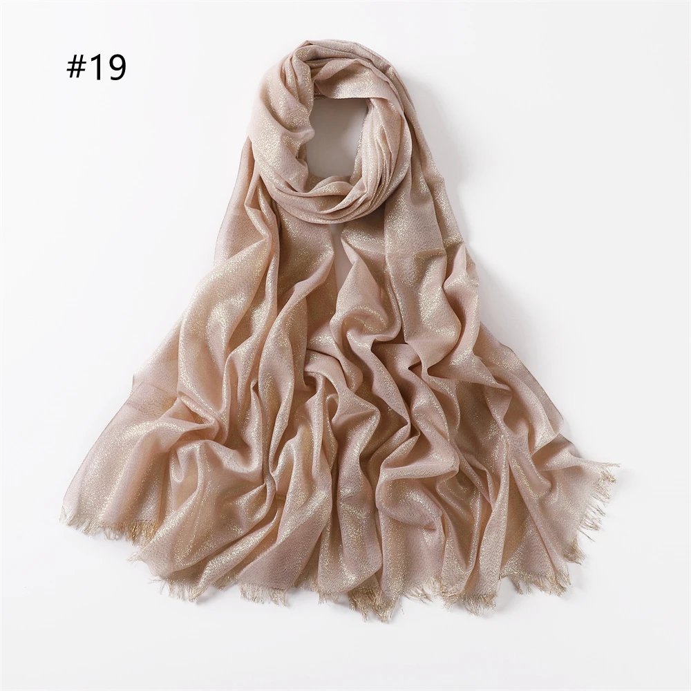 Lastest Brand Design Scarf Shiny Solid Color Shawls Rayon Fabric Gold Silk Silver Wire Head Shawl Fringe Hijab For Women