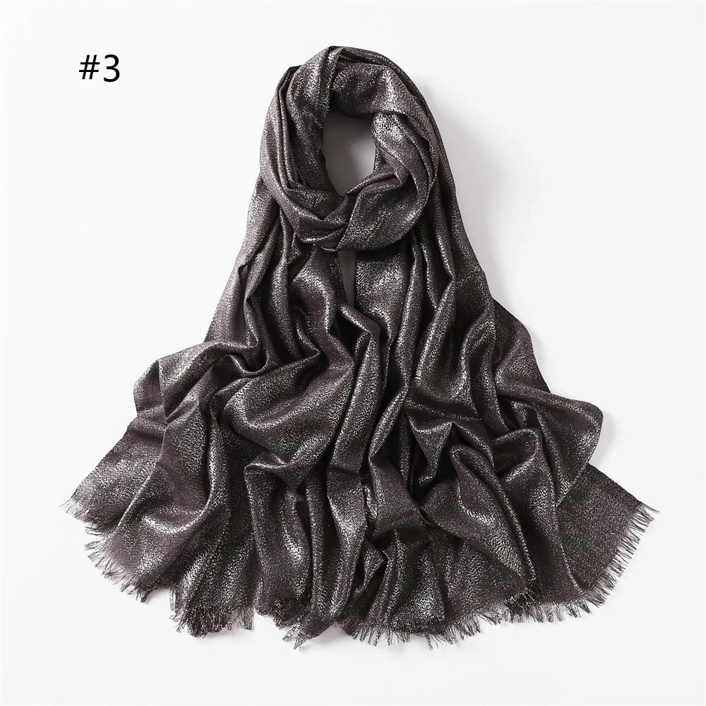 Lastest Brand Design Scarf Shiny Solid Color Shawls Rayon Fabric Gold Silk Silver Wire Head Shawl Fringe Hijab For Women