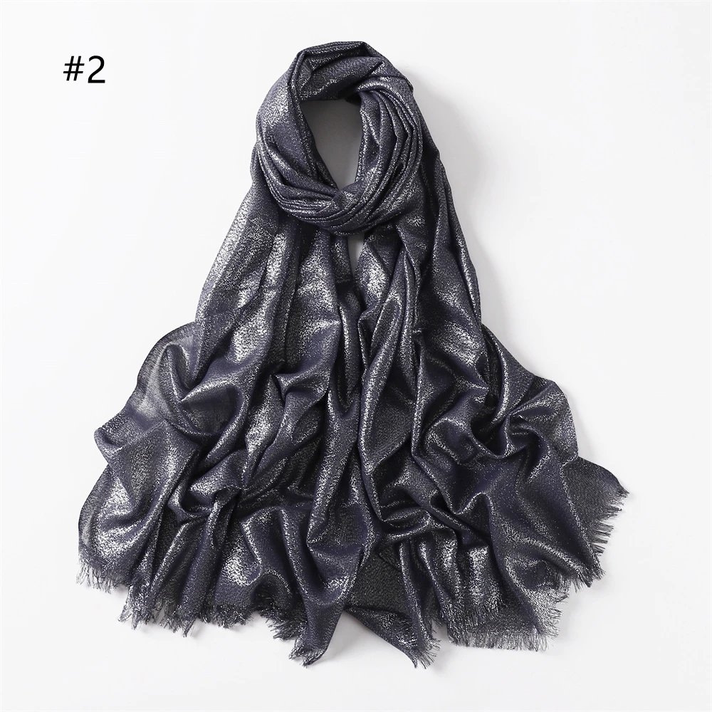 Lastest Brand Design Scarf Shiny Solid Color Shawls Rayon Fabric Gold Silk Silver Wire Head Shawl Fringe Hijab For Women
