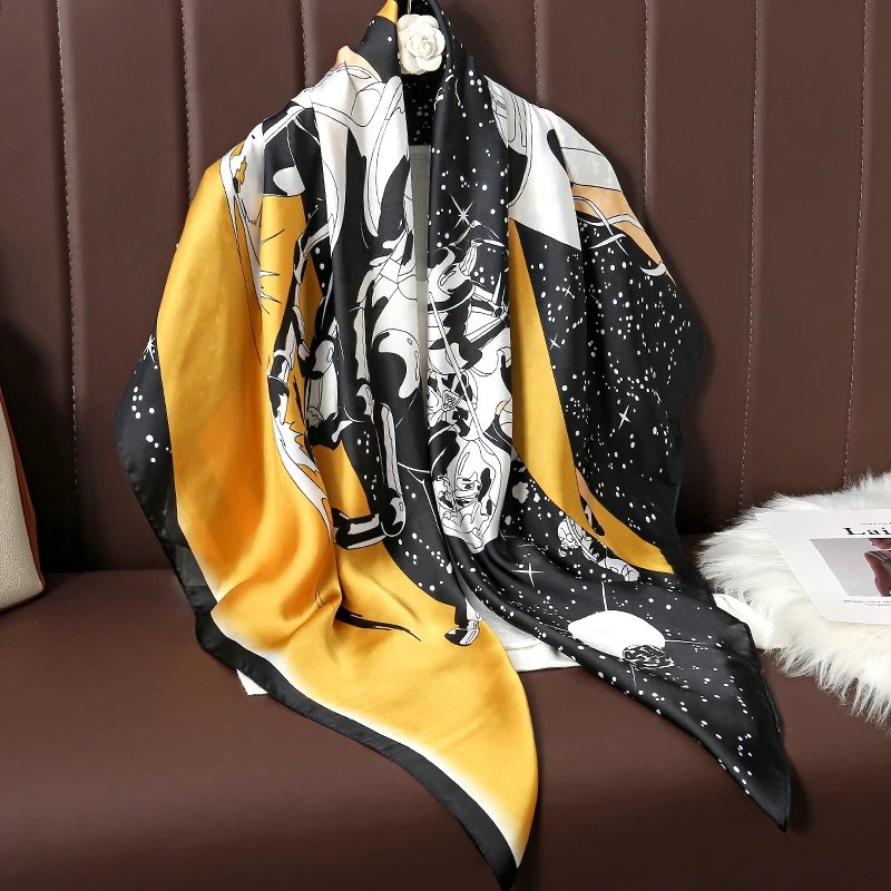 110cm Large Shawl Silk Square Scarf for Women Luxury Print Hijab Bandana Muslim Headband Wrap Beach Stoles Foulard Echarpe 2023