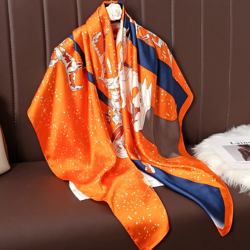 110cm Large Shawl Silk Square Scarf for Women Luxury Print Hijab Bandana Muslim Headband Wrap Beach Stoles Foulard Echarpe 2023