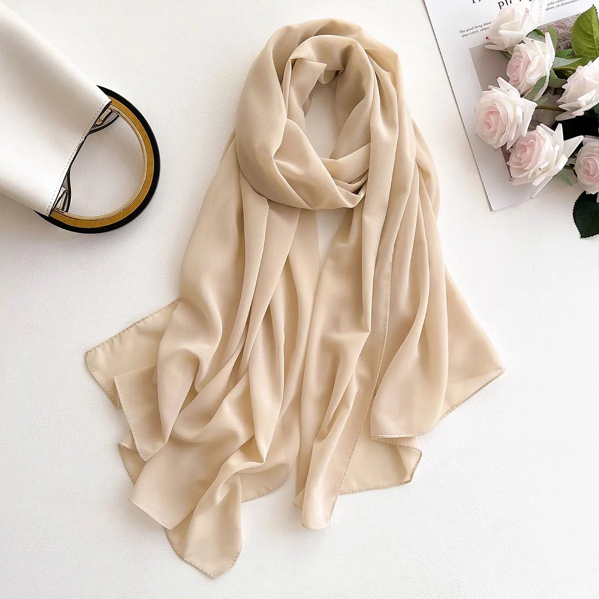 2025 New Elegant Modest Women Bubble Chiffon Solid Color Muslim Head Scarf Ladies Shawl and Wrap Female Foulard Hijab Stoles
