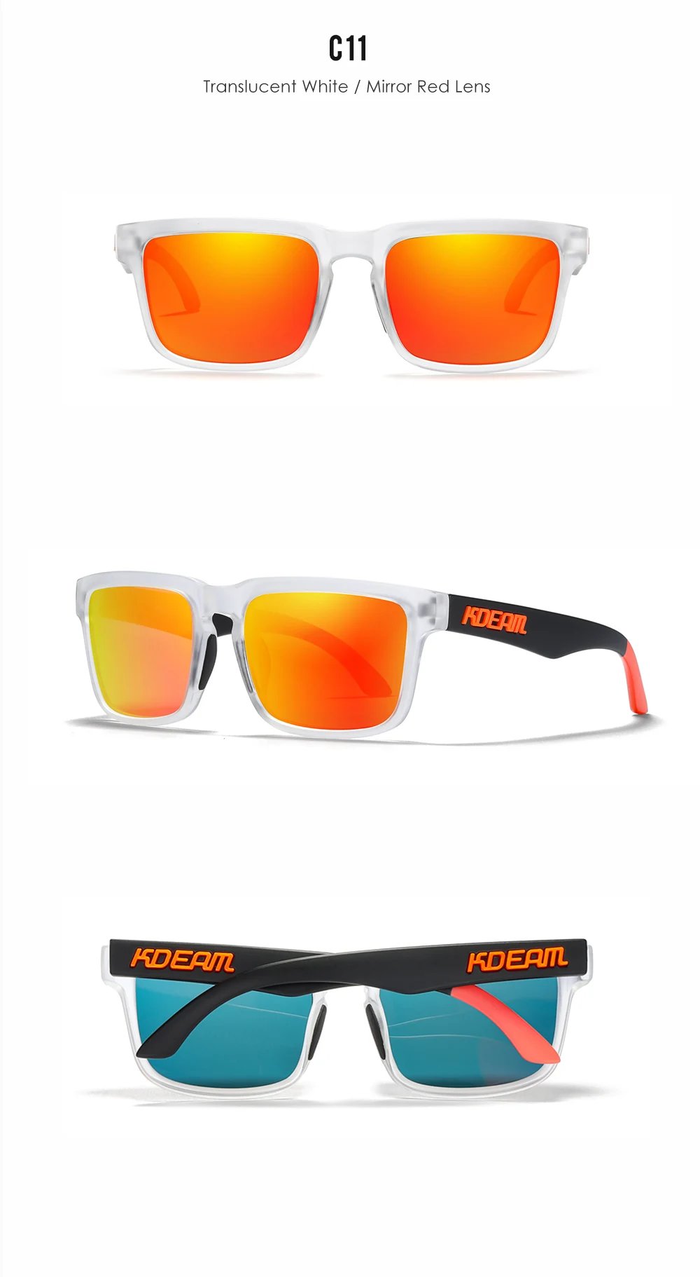 New KDEAM Brand High Quality Men Square Sunglasses Colors Sports Polarized Sun Glasses Reflective Coating Mirrored Lens UV400