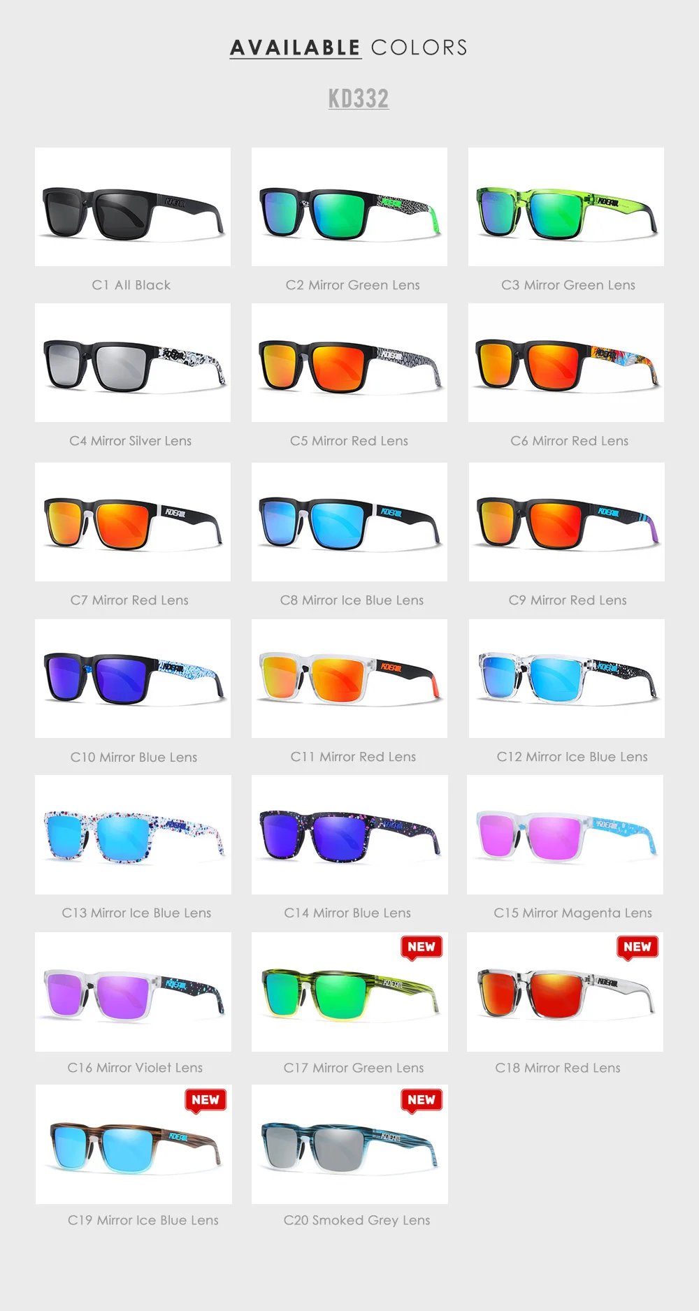 New KDEAM Brand High Quality Men Square Sunglasses Colors Sports Polarized Sun Glasses Reflective Coating Mirrored Lens UV400