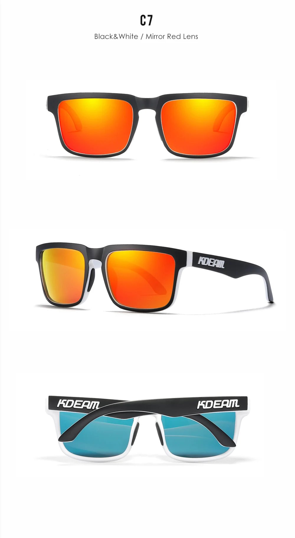 New KDEAM Brand High Quality Men Square Sunglasses Colors Sports Polarized Sun Glasses Reflective Coating Mirrored Lens UV400