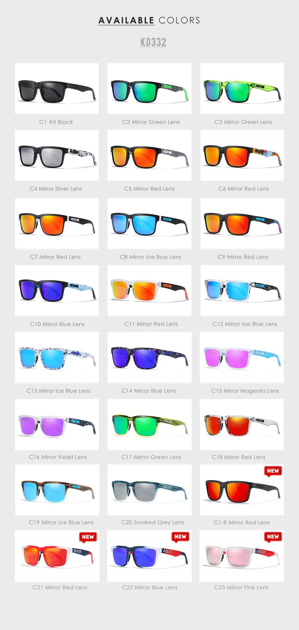 New KDEAM Brand High Quality Men Square Sunglasses Colors Sports Polarized Sun Glasses Reflective Coating Mirrored Lens UV400