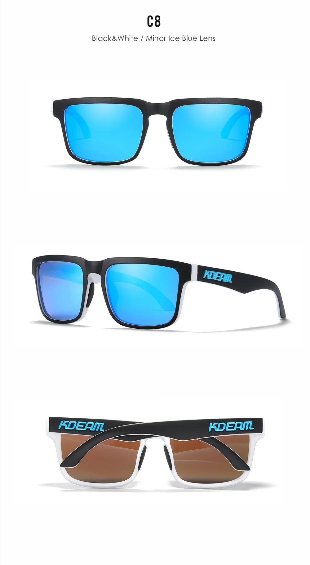 New KDEAM Brand High Quality Men Square Sunglasses Colors Sports Polarized Sun Glasses Reflective Coating Mirrored Lens UV400