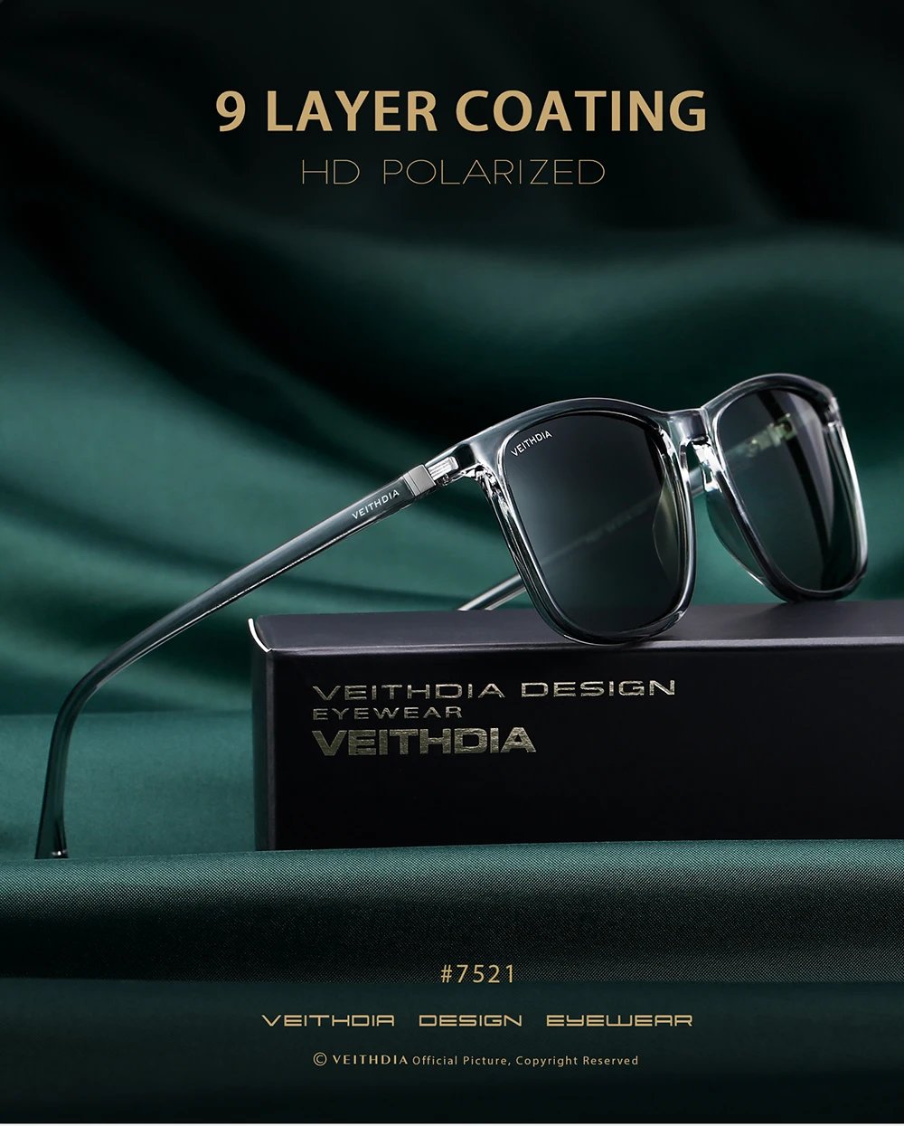 VEITHDIA Brand Men Women Sunglasses Unisex Retro TR90 Sunglasses Polarized UV400 Lens Vintage Eyewear Sun Glasses For Male 7521