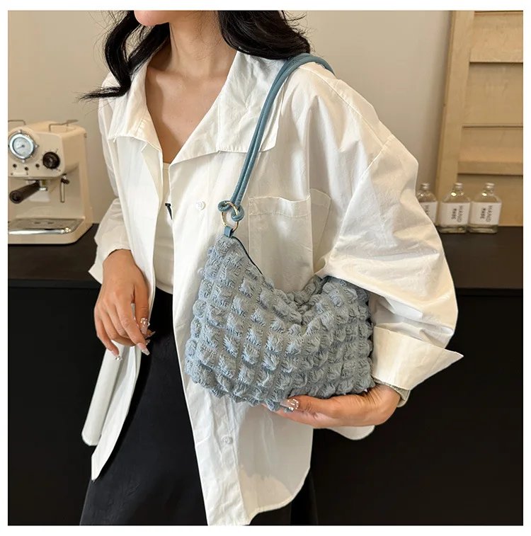 Canvas Wrinkle Bag for Women Shoulder Bags Pleated Bubbles Handbags Padded Casual Underarm Quilted Bag Tote Cloud Bag Purse