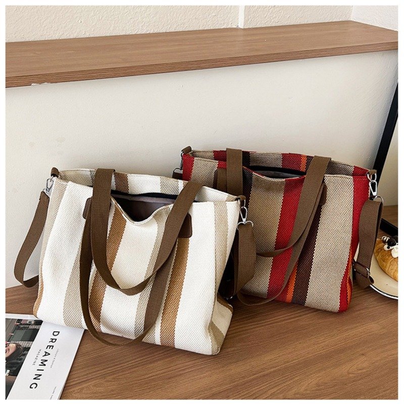 Large Tote Bag for women's Striped Crossbody Canvas Bag 2023 New Trendy Versatile Class Commuting Shoulder Bag