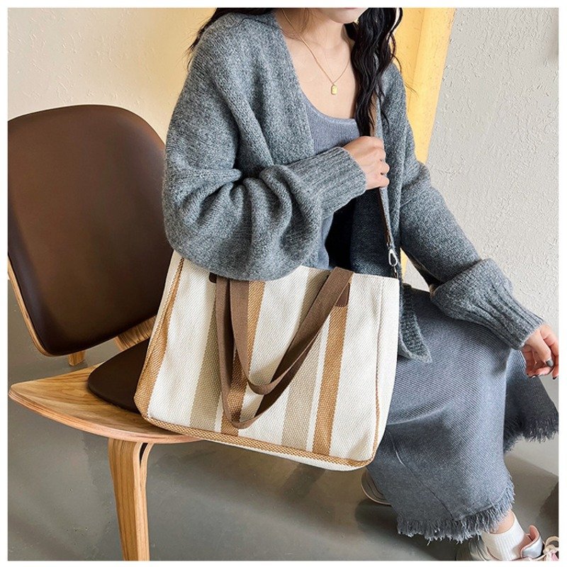 Large Tote Bag for women's Striped Crossbody Canvas Bag 2023 New Trendy Versatile Class Commuting Shoulder Bag