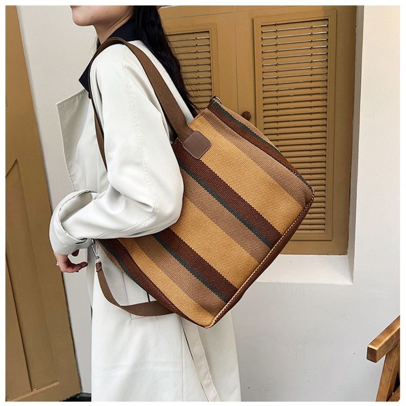 Large Tote Bag for women's Striped Crossbody Canvas Bag 2023 New Trendy Versatile Class Commuting Shoulder Bag