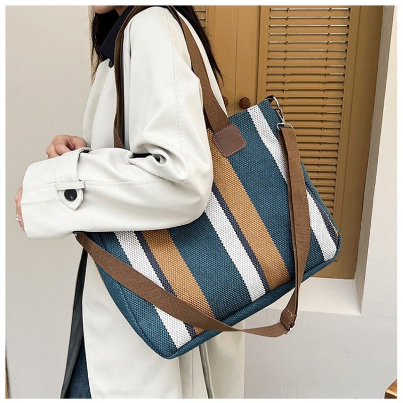 Large Tote Bag for women's Striped Crossbody Canvas Bag 2023 New Trendy Versatile Class Commuting Shoulder Bag