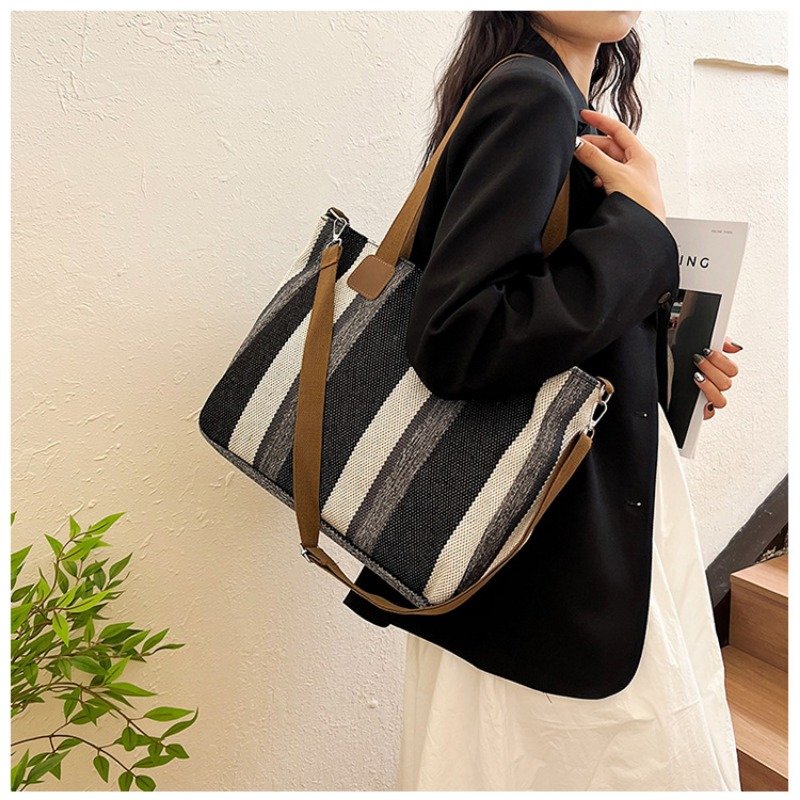 Large Tote Bag for women's Striped Crossbody Canvas Bag 2023 New Trendy Versatile Class Commuting Shoulder Bag