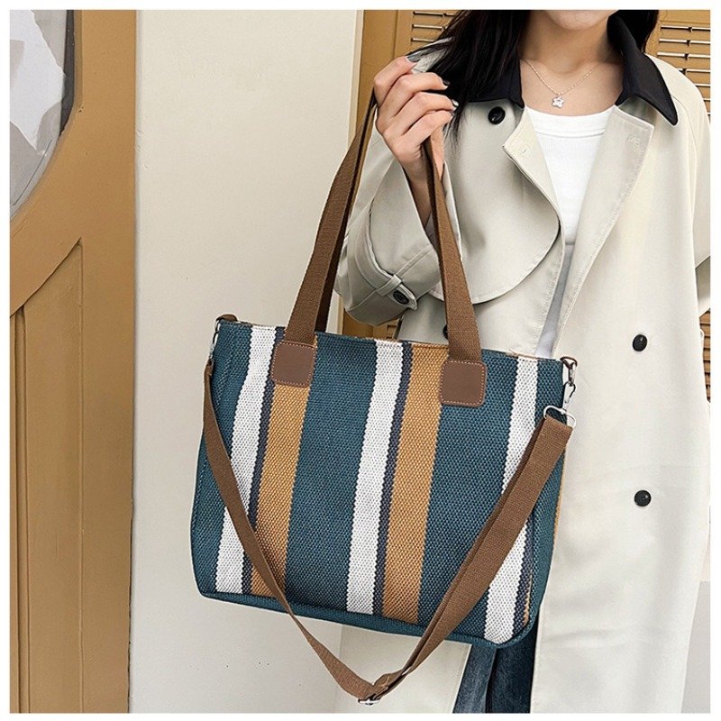 Large Tote Bag for women's Striped Crossbody Canvas Bag 2023 New Trendy Versatile Class Commuting Shoulder Bag