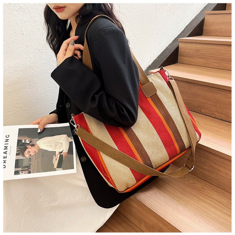 Large Tote Bag for women's Striped Crossbody Canvas Bag 2023 New Trendy Versatile Class Commuting Shoulder Bag
