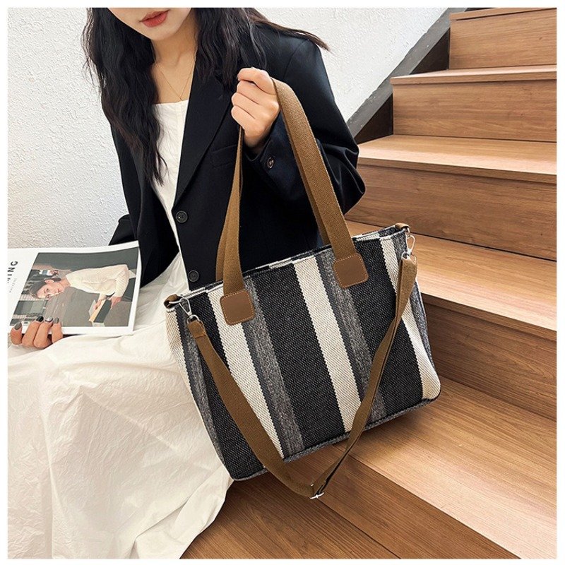 Large Tote Bag for women's Striped Crossbody Canvas Bag 2023 New Trendy Versatile Class Commuting Shoulder Bag