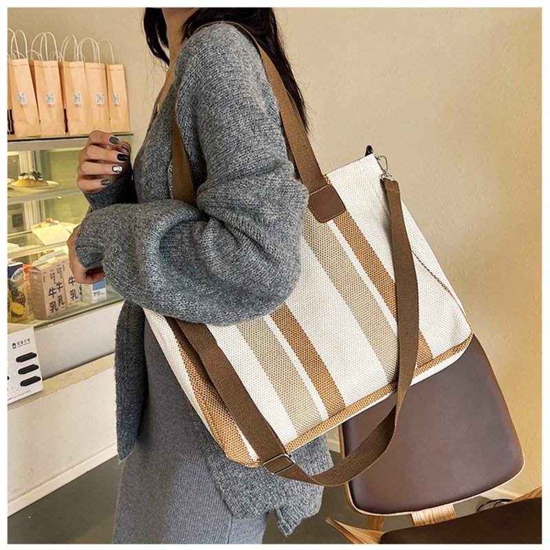Large Tote Bag for women's Striped Crossbody Canvas Bag 2023 New Trendy Versatile Class Commuting Shoulder Bag