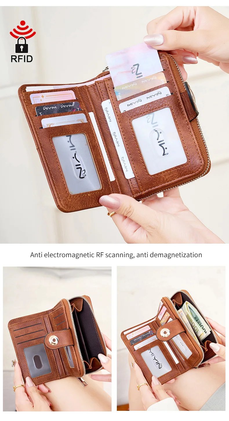 RFID Vintage Short Women's Wallet Multi-card Slot Two-fold Zipper Card Holder Coin Purse Solid Color Premium Texture Zip Clasp