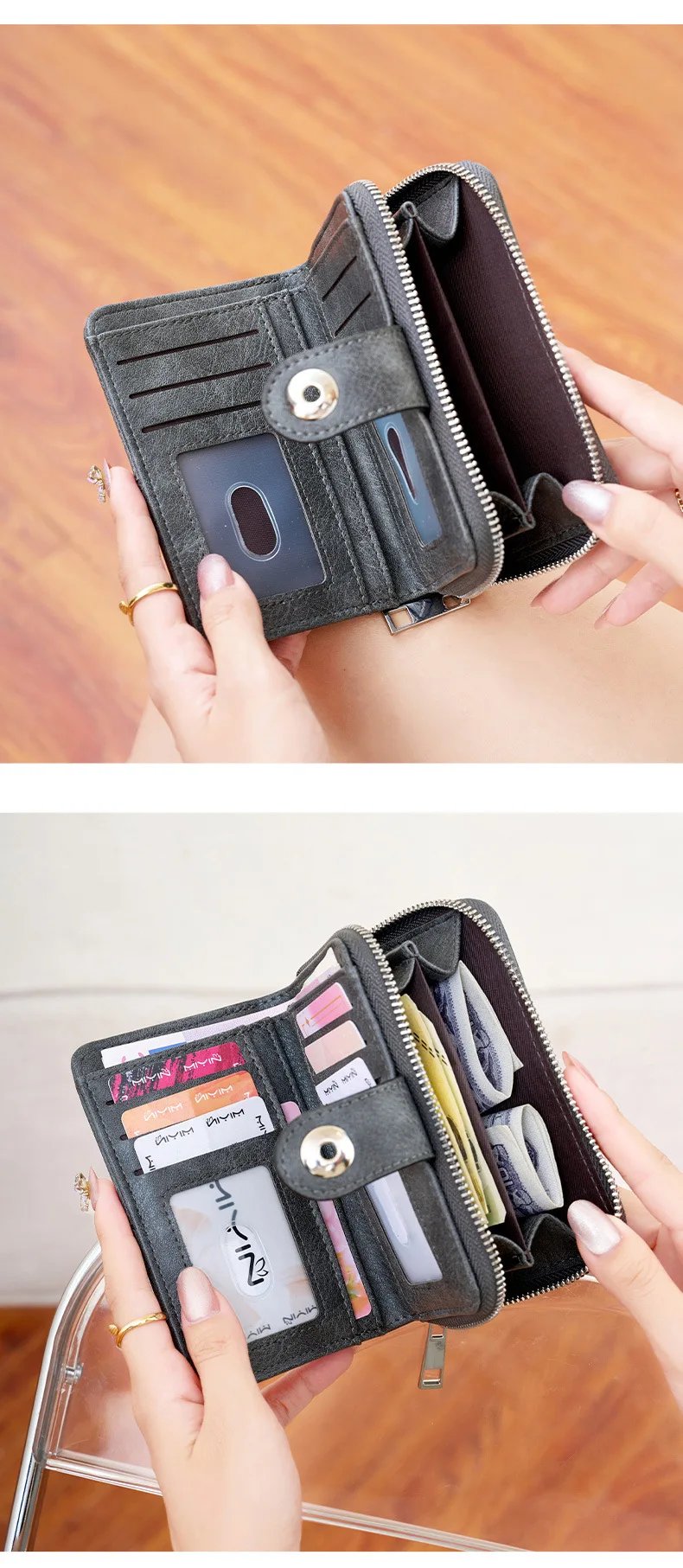 RFID Vintage Short Women's Wallet Multi-card Slot Two-fold Zipper Card Holder Coin Purse Solid Color Premium Texture Zip Clasp