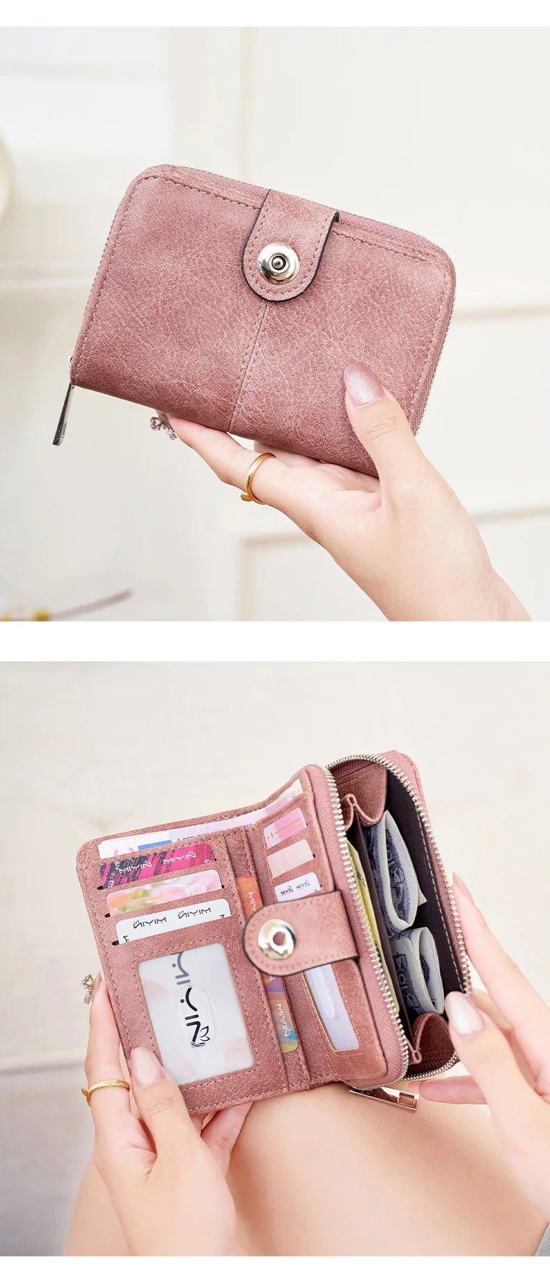 RFID Vintage Short Women's Wallet Multi-card Slot Two-fold Zipper Card Holder Coin Purse Solid Color Premium Texture Zip Clasp