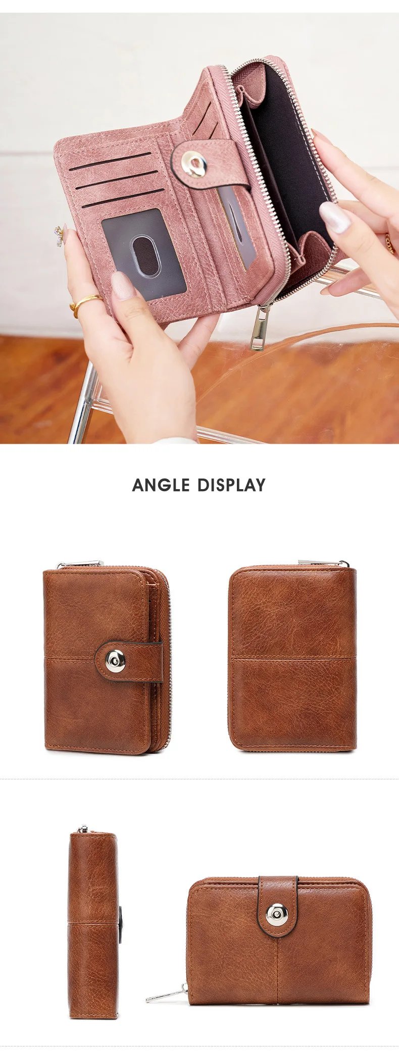 RFID Vintage Short Women's Wallet Multi-card Slot Two-fold Zipper Card Holder Coin Purse Solid Color Premium Texture Zip Clasp