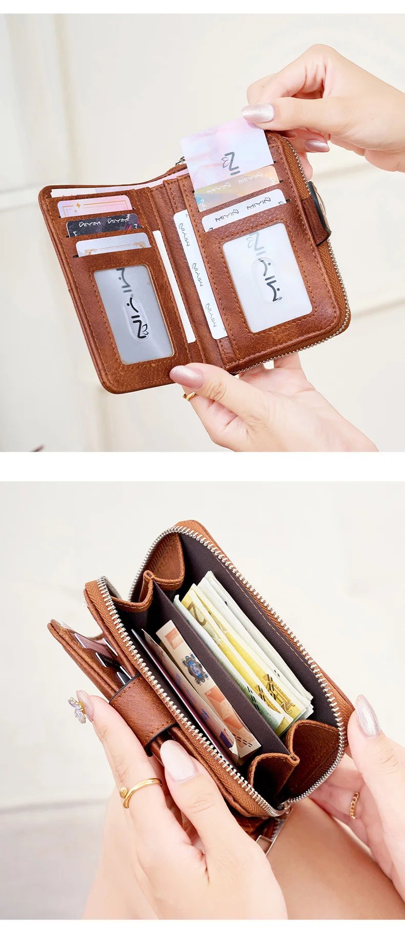 RFID Vintage Short Women's Wallet Multi-card Slot Two-fold Zipper Card Holder Coin Purse Solid Color Premium Texture Zip Clasp