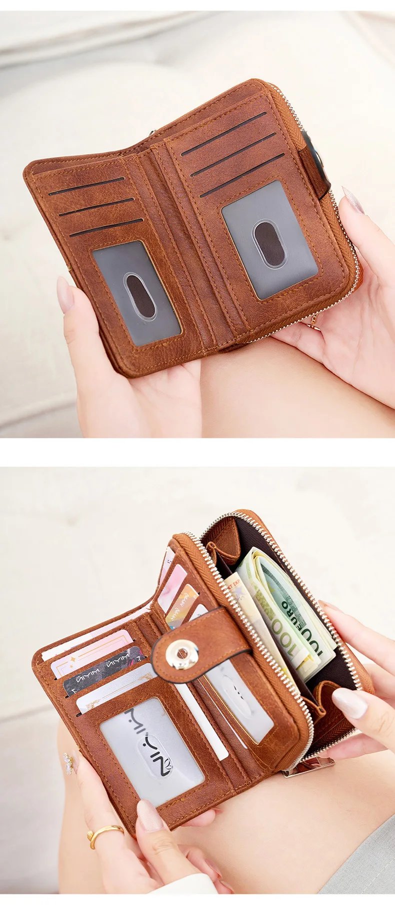 RFID Vintage Short Women's Wallet Multi-card Slot Two-fold Zipper Card Holder Coin Purse Solid Color Premium Texture Zip Clasp