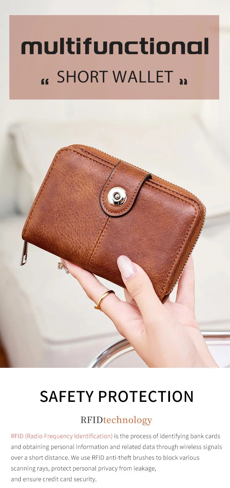 RFID Vintage Short Women's Wallet Multi-card Slot Two-fold Zipper Card Holder Coin Purse Solid Color Premium Texture Zip Clasp