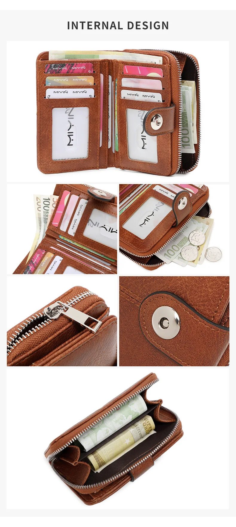RFID Vintage Short Women's Wallet Multi-card Slot Two-fold Zipper Card Holder Coin Purse Solid Color Premium Texture Zip Clasp
