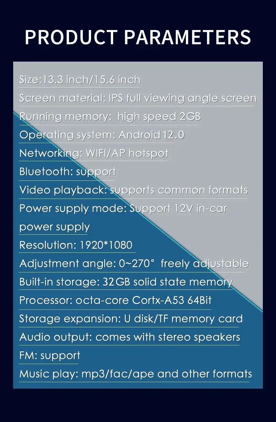 17.3 Inch/19.5 Inch 1920*1080 Roof Ceiling Monitor IPS Touch Screen Android12 Multimedia Video Player Mirror Link Remote Control