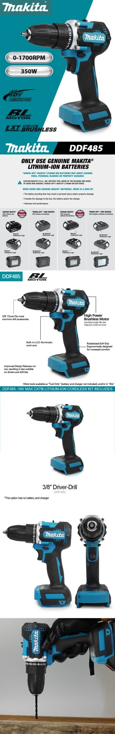 Makita DDF485 10MM Brushless Driver Screwdriver Cordless Electric Impact Rechargeable Drill power Tool For 18V Battery