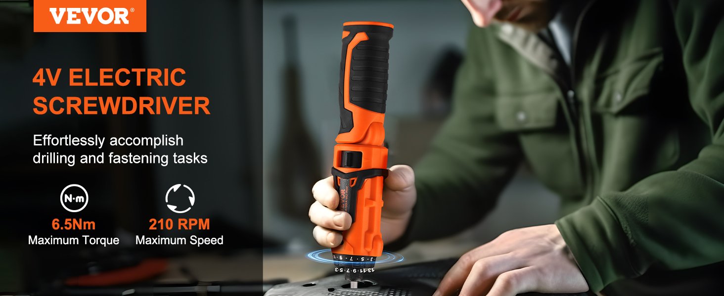 VEVOR 4V 6.5Nm Cordless Screwdriver Electric Screwdriver Rechargeable Set with 11 Accessory Kit and Charging Cable LED Light