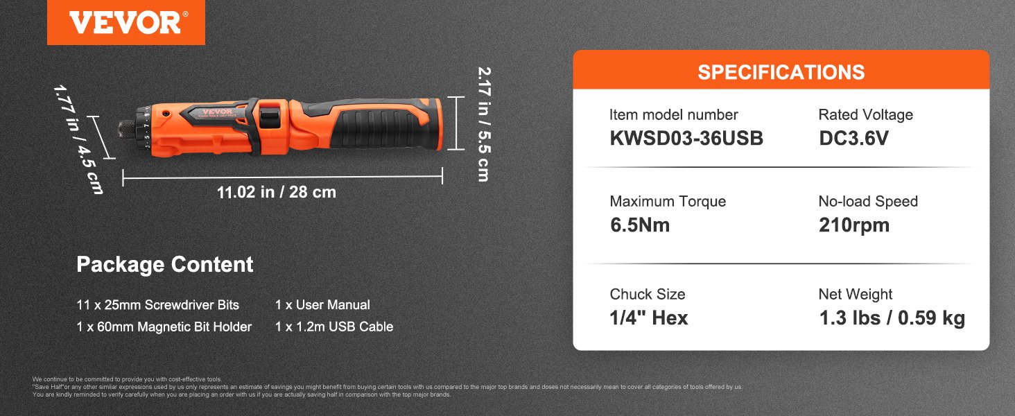 VEVOR 4V 6.5Nm Cordless Screwdriver Electric Screwdriver Rechargeable Set with 11 Accessory Kit and Charging Cable LED Light