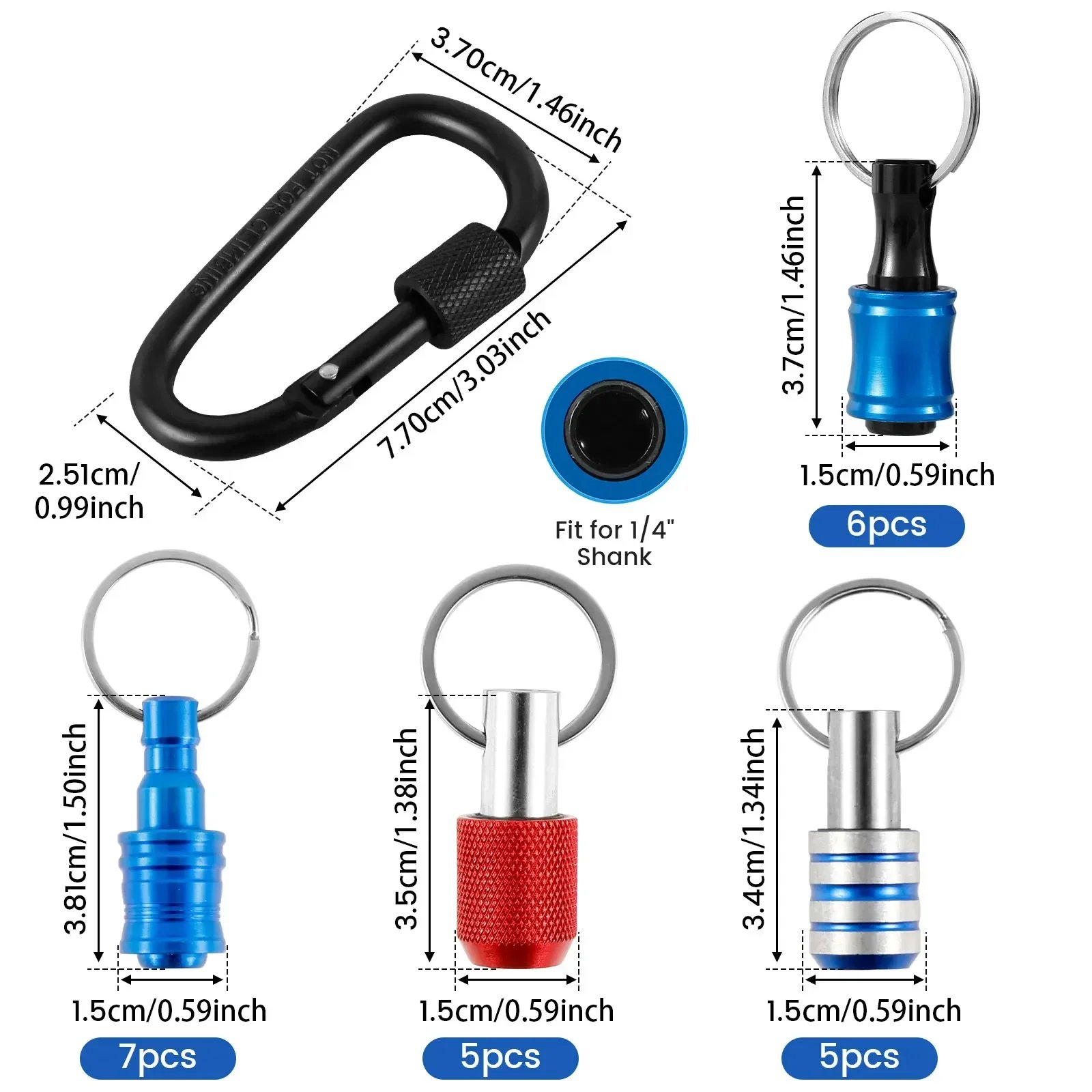 23Pcs 1/4 Inch Hex Shank Screwdriver Bit Holder Aluminum Alloy Bit Holder Keychain with Carabiner Bit Holder Extension Bar