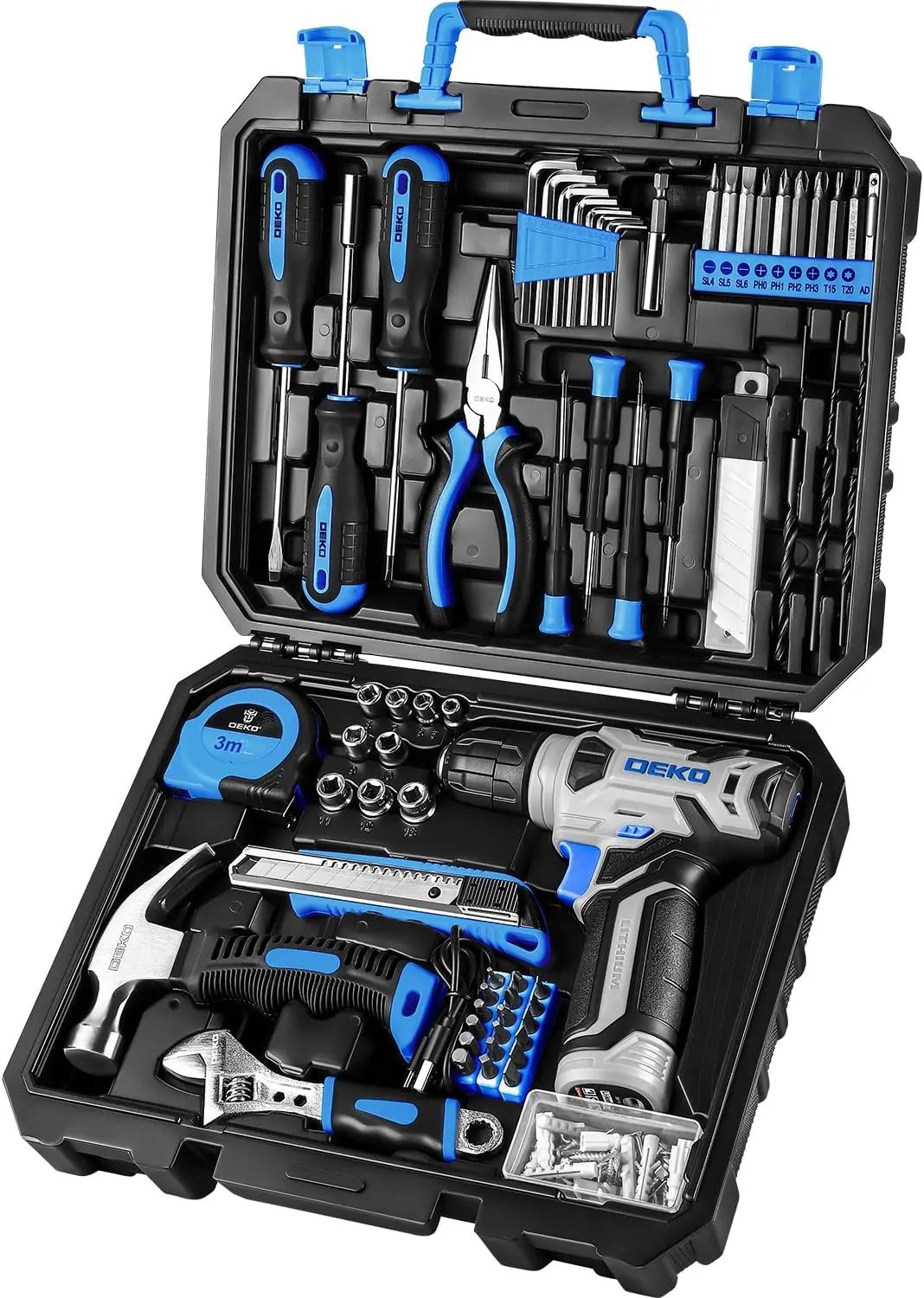 DEKO Drill Set: Tool Set with 8V Blue Cordless Drill, Home Tool Kit with Drill, Hand Tool Kits for Women 126 Piece DEKO Drill Set: Tool Set with 8V Blue Cordless Drill, Home Tool Kit with Drill, Hand Tool Kits for Women 126 Piece
