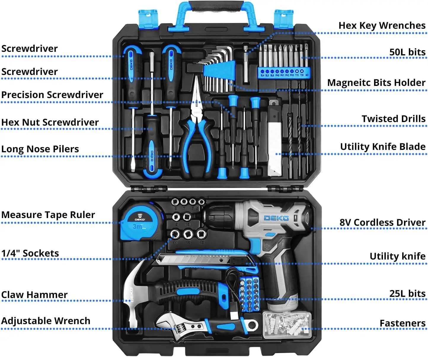 DEKO Drill Set: Tool Set with 8V Blue Cordless Drill, Home Tool Kit with Drill, Hand Tool Kits for Women 126 Piece DEKO Drill Set: Tool Set with 8V Blue Cordless Drill, Home Tool Kit with Drill, Hand Tool Kits for Women 126 Piece