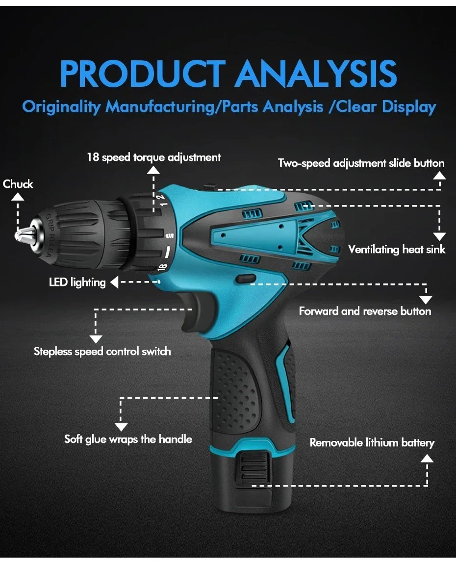 Electric Impact Drill 32N. m Multi-function Electric Screwdriver Wireless Harmer Drill Power Tool For  12V Battery
