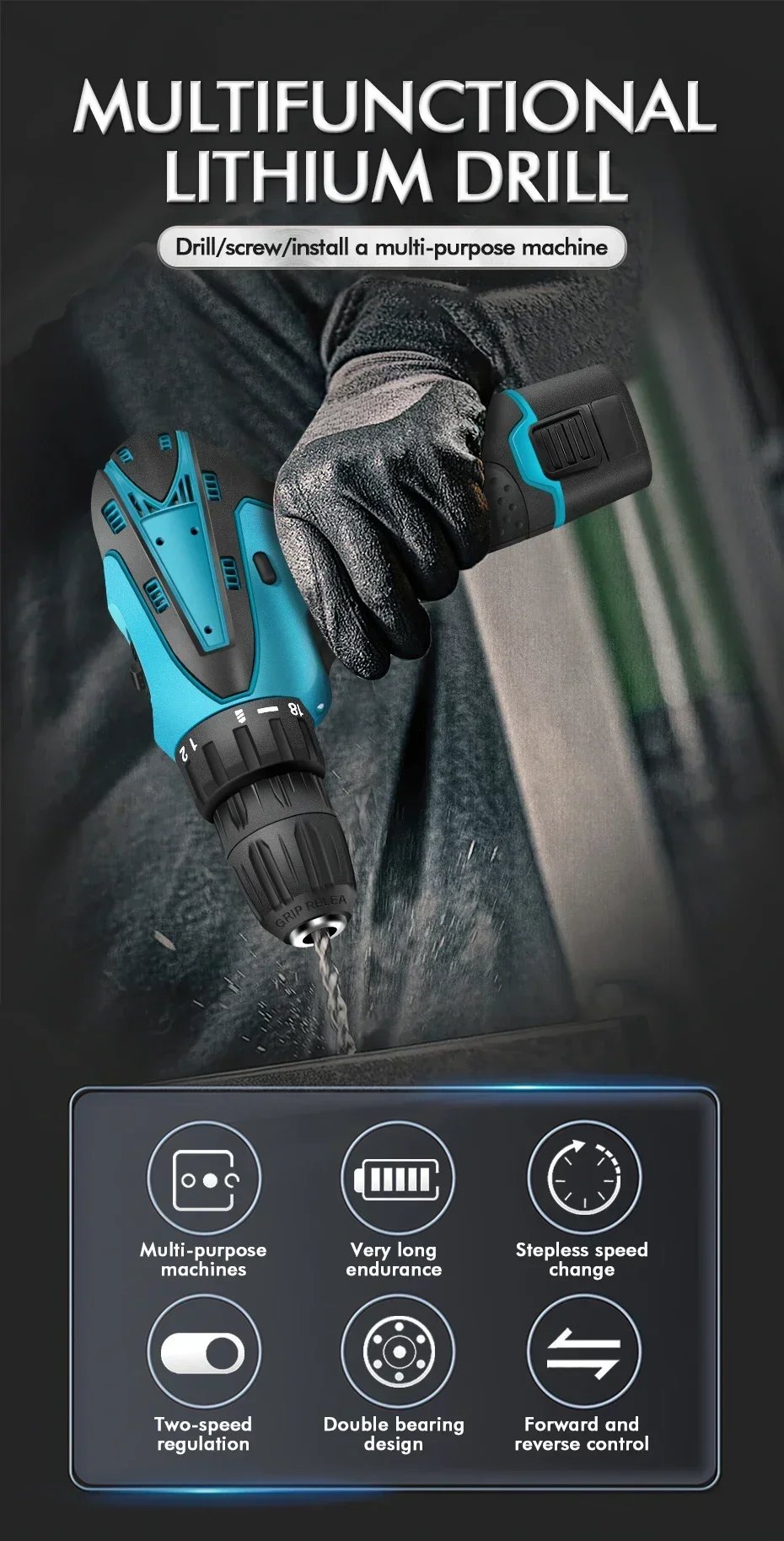 Electric Impact Drill 32N. m Multi-function Electric Screwdriver Wireless Harmer Drill Power Tool For  12V Battery