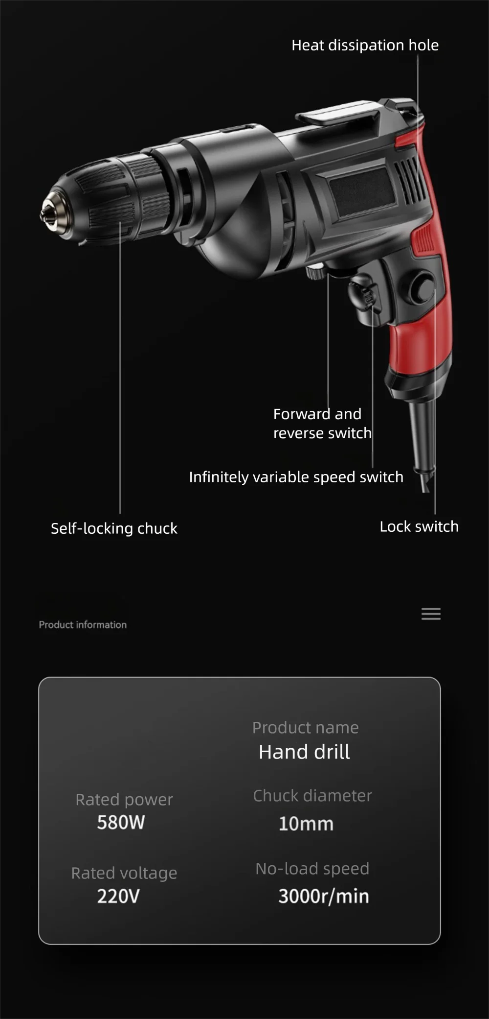 220V 50Hz Impact Drill 0-3000 R/min High Rotation Speed Corded Electric Drill Tool Max 13mm Chuck Controllable Speed 780W