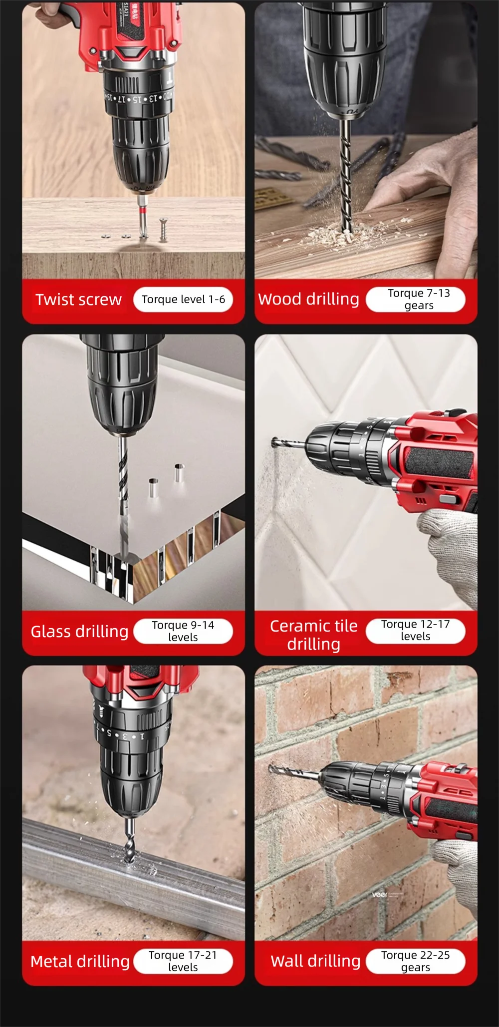 Multi functional 21V Electric Drill Handheld Dual Speed Impact Lithium Drill Cordless Screwdriver Small Electric Power Tools