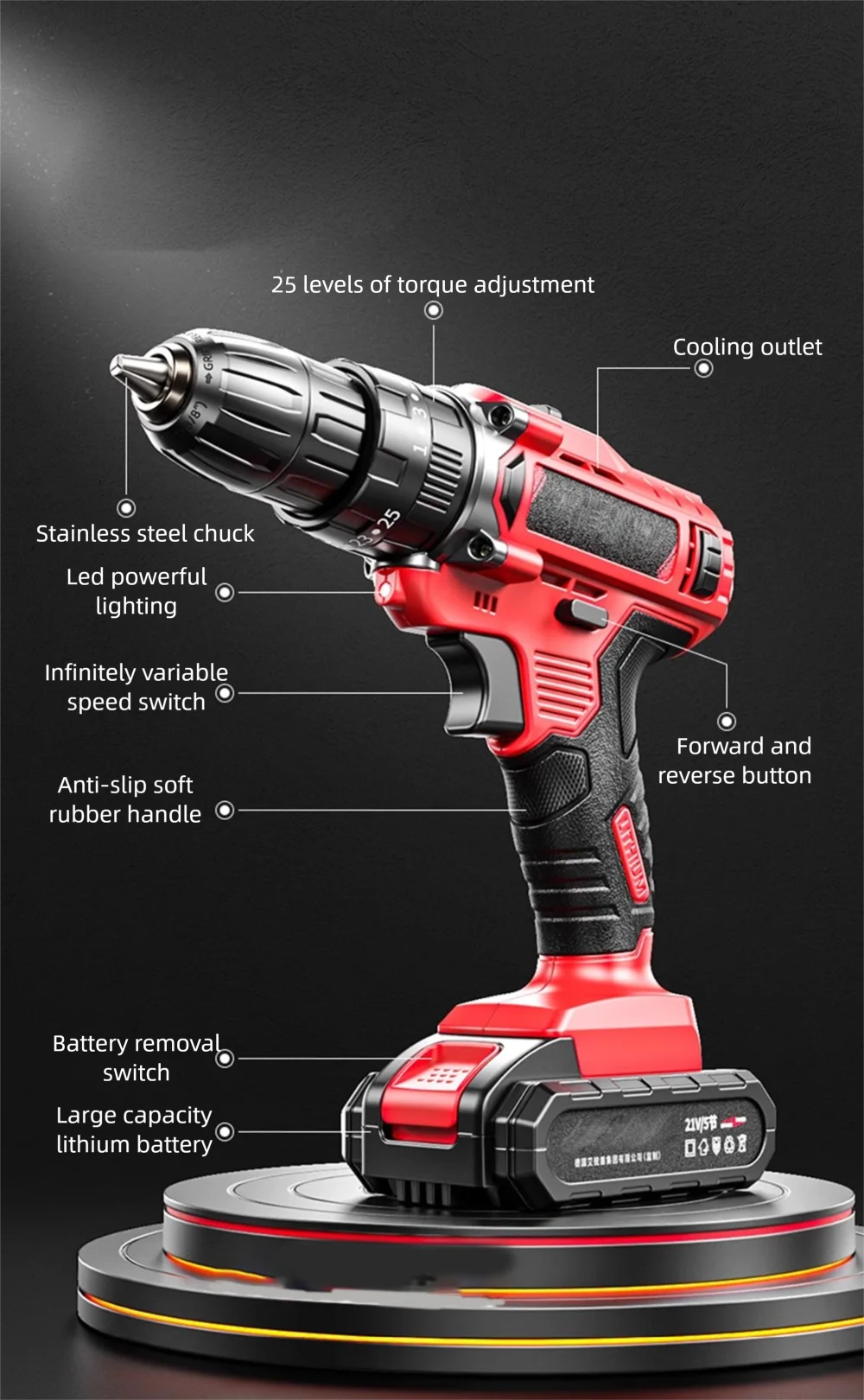 Multi functional 21V Electric Drill Handheld Dual Speed Impact Lithium Drill Cordless Screwdriver Small Electric Power Tools