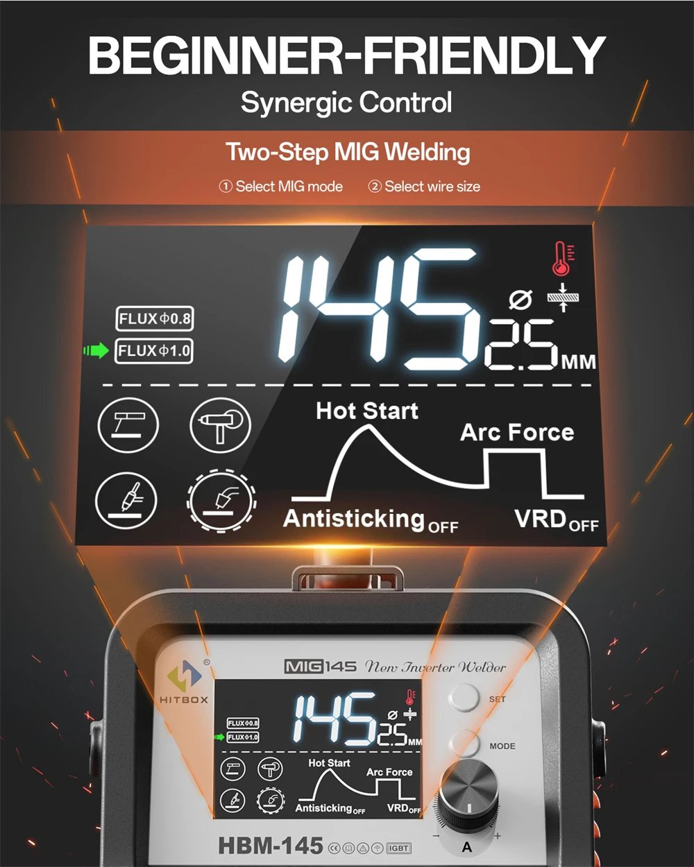 HITBOX 145A 4 in 1 Multi-process MlG Welder MMA/Gasless MIG/Lift TIG Welding Machine Support Spool Gun Large LED Display Welders