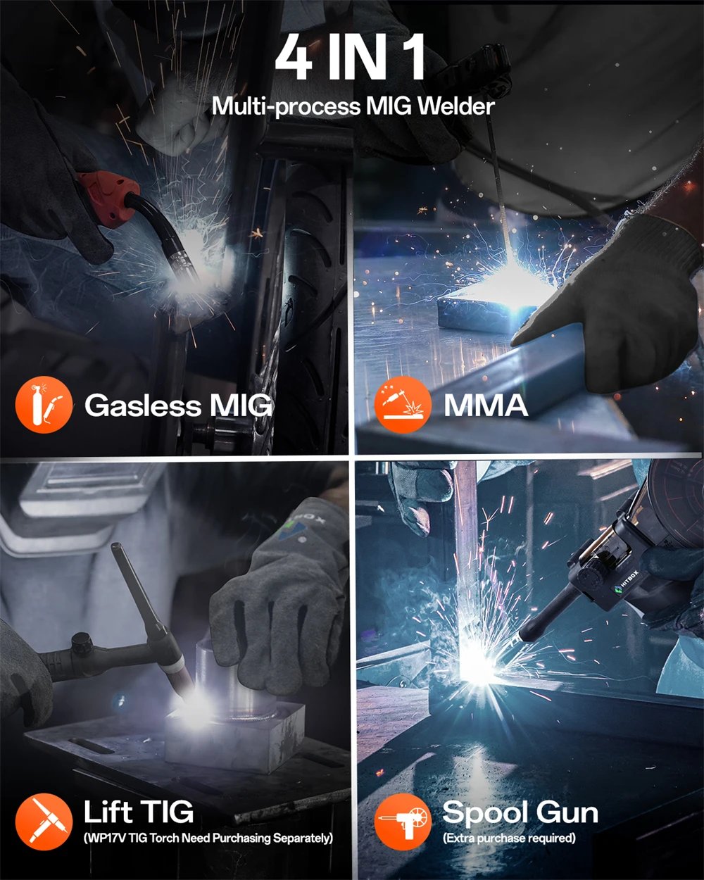 HITBOX 145A 4 in 1 Multi-process MlG Welder MMA/Gasless MIG/Lift TIG Welding Machine Support Spool Gun Large LED Display Welders