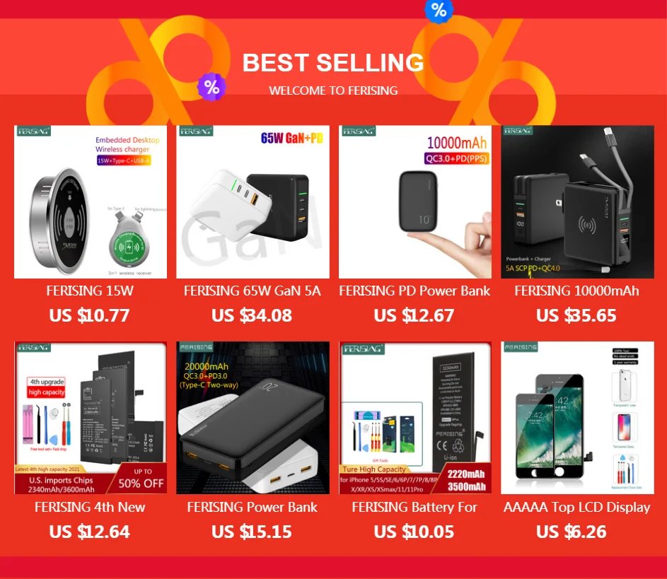 FERISING-10000mAh Wireless Power Bank, PD 5A Fast Charger, Type-C, USB C, QC3.0, Powerbank for iPhone, Xiaomi External Battery