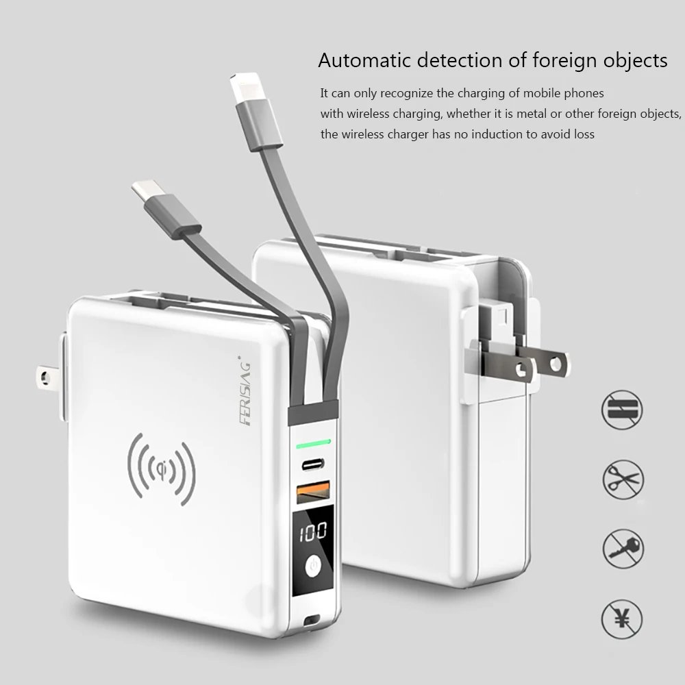 FERISING-10000mAh Wireless Power Bank, PD 5A Fast Charger, Type-C, USB C, QC3.0, Powerbank for iPhone, Xiaomi External Battery