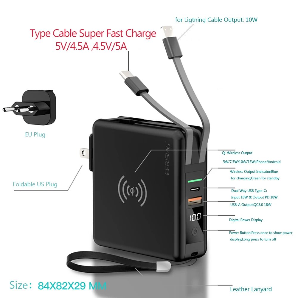 FERISING-10000mAh Wireless Power Bank, PD 5A Fast Charger, Type-C, USB C, QC3.0, Powerbank for iPhone, Xiaomi External Battery