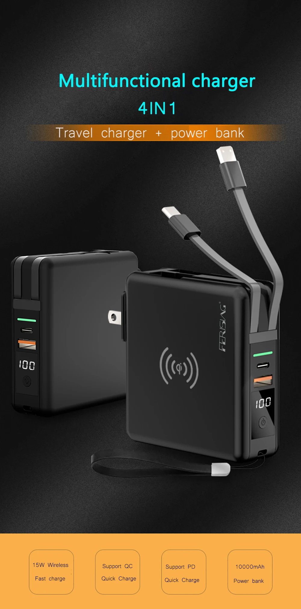 FERISING-10000mAh Wireless Power Bank, PD 5A Fast Charger, Type-C, USB C, QC3.0, Powerbank for iPhone, Xiaomi External Battery